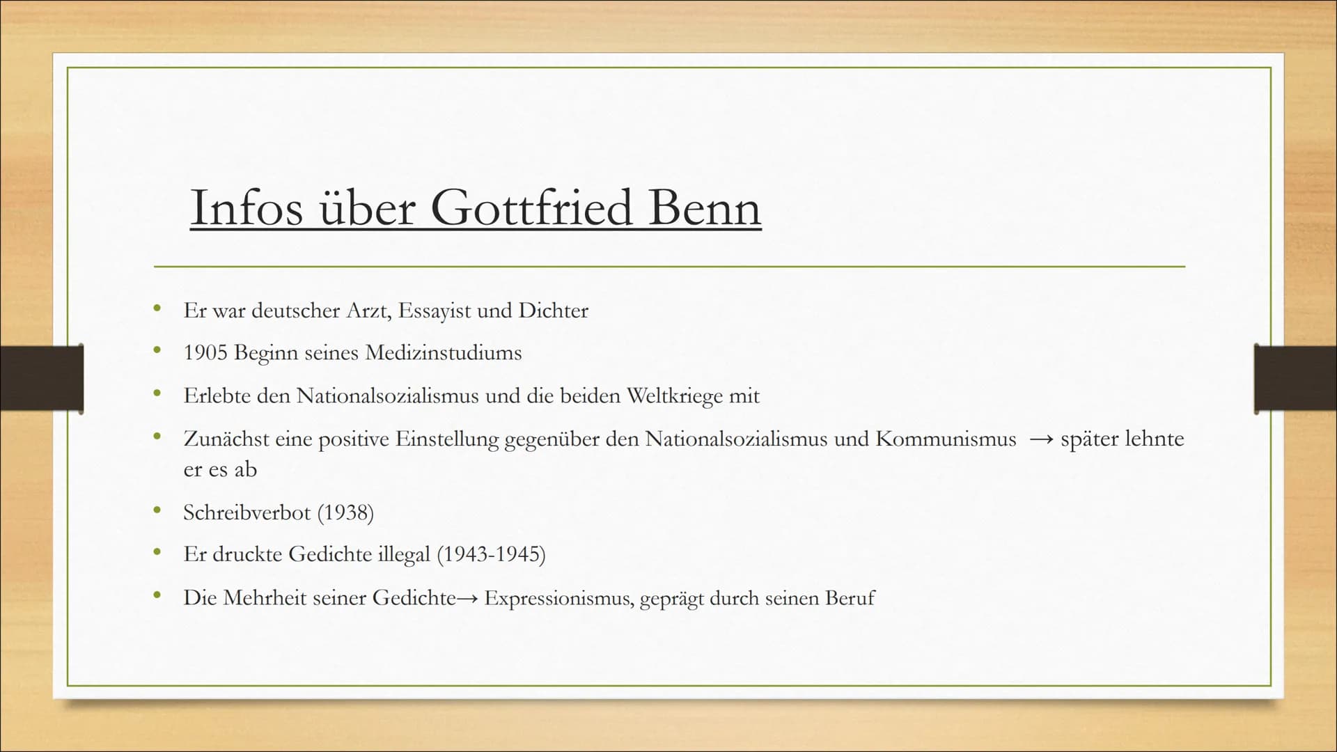 Ein Wort (1941)
Gottfried Benn
Naomi Milbers Gliederung
Infos über Gottfried Benn
Analyse des Gedichtes ,,Ein Wort"
• Fazit
●
Quellen
→Inhal