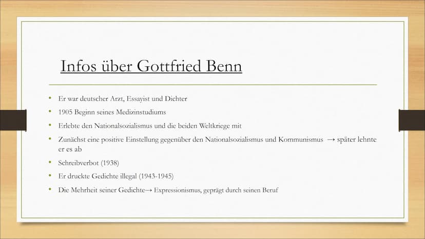Ein Wort (1941)
Gottfried Benn
Naomi Milbers Gliederung
Infos über Gottfried Benn
Analyse des Gedichtes ,,Ein Wort"
• Fazit
●
Quellen
→Inhal