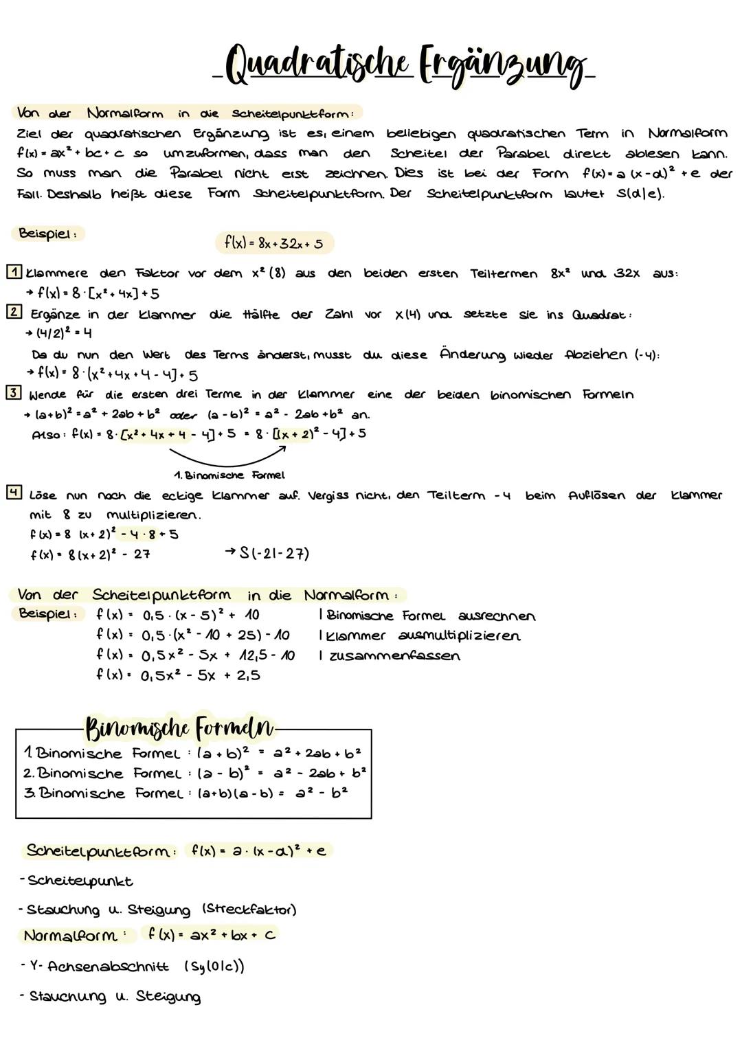 # -Quadratische Ergänzung

Von der Normalform in die Scheitelpunkt form:
Ziel der quadratischen Ergänzung ist es, einem beliebigen quadratis