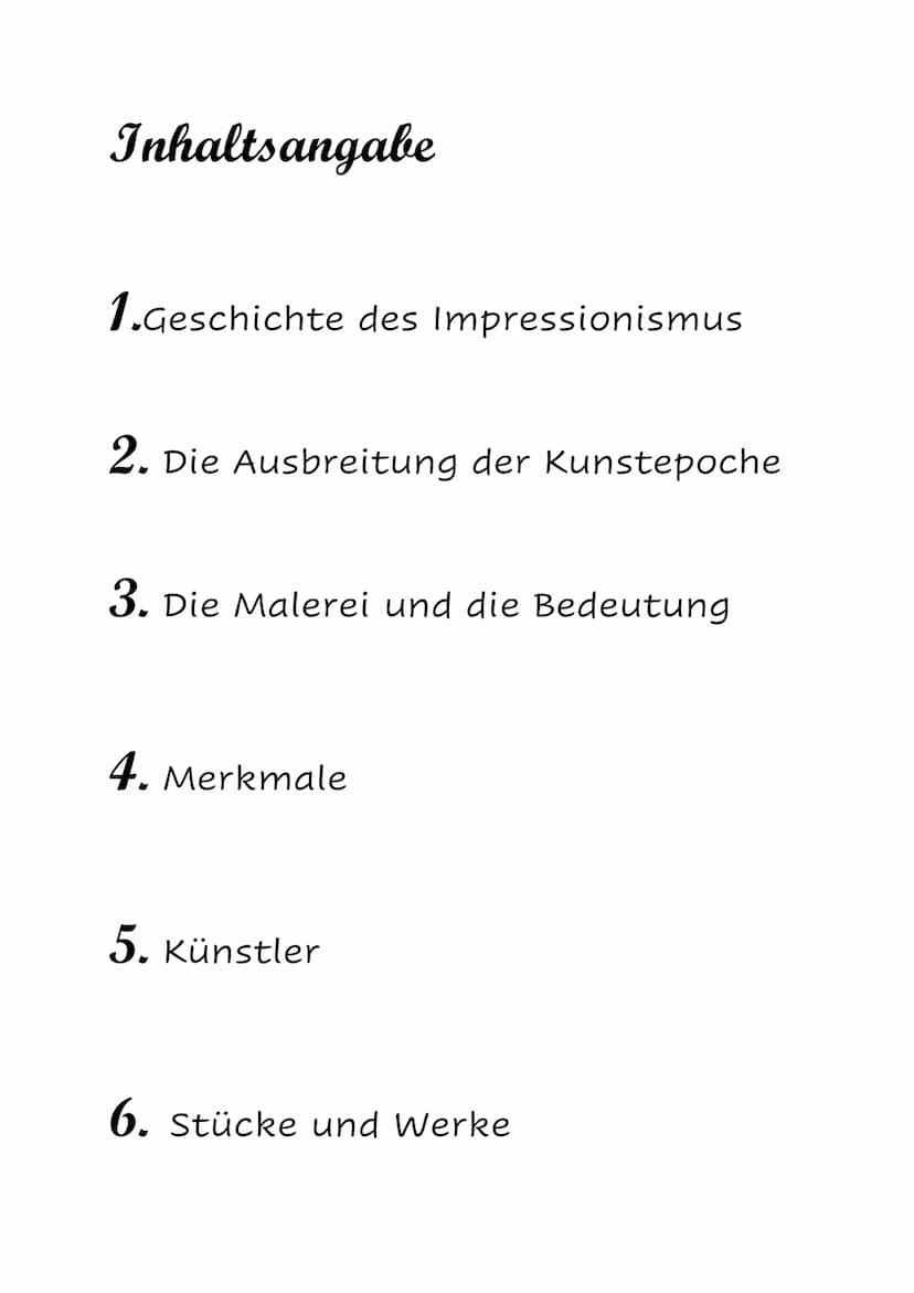 Impressionismus Inhaltsangabe
1.Geschichte des Impressionismus
2. Die Ausbreitung der Kunstepoche
3. Die Malerei und die Bedeutung
4. Merkma