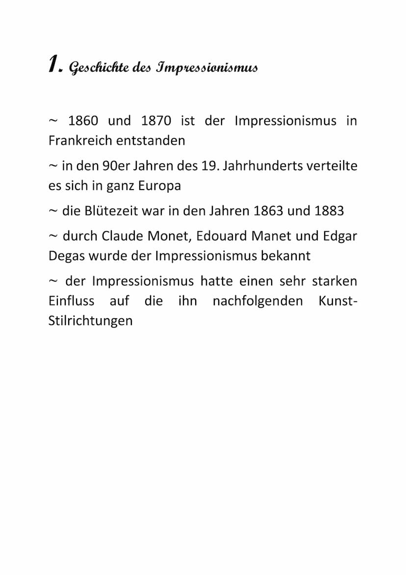 Impressionismus Inhaltsangabe
1.Geschichte des Impressionismus
2. Die Ausbreitung der Kunstepoche
3. Die Malerei und die Bedeutung
4. Merkma