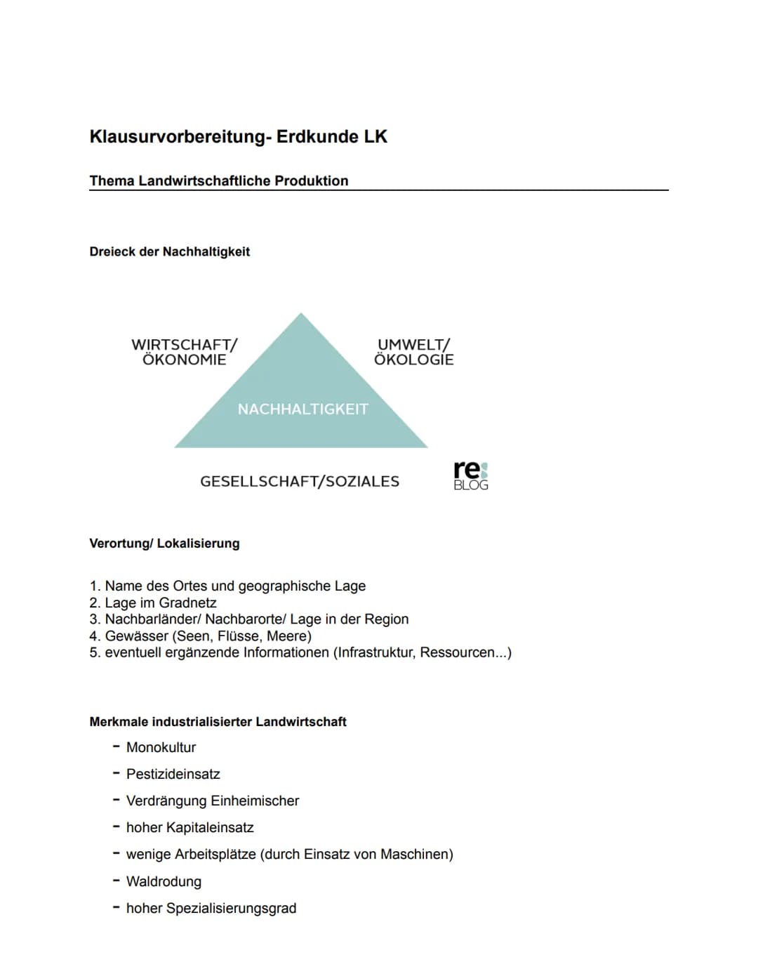 Klausurvorbereitung- Erdkunde LK
Thema Landwirtschaftliche Produktion
Dreieck der Nachhaltigkeit
WIRTSCHAFT/
ÖKONOMIE
NACHHALTIGKEIT
GESELLS