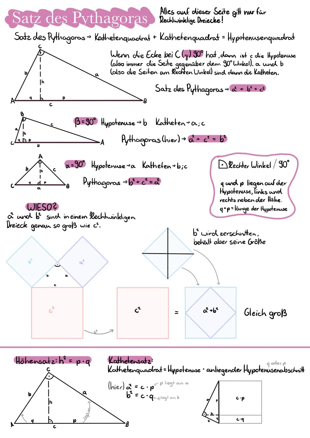 Satz des
Satz des Pythagoras
C
B
b
b
b
63
|h
I
de
a
C
р
8
C
Pythagoras
Kathetenquadrat
+ Kathetenquadrat = Hypotenusenquadrat
Wenn die Ecke 