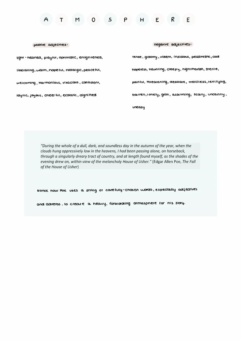 setting:
A T MOSPHERE
refers to where the story takes place, which includes the location, historical time
period, and social circumstances o