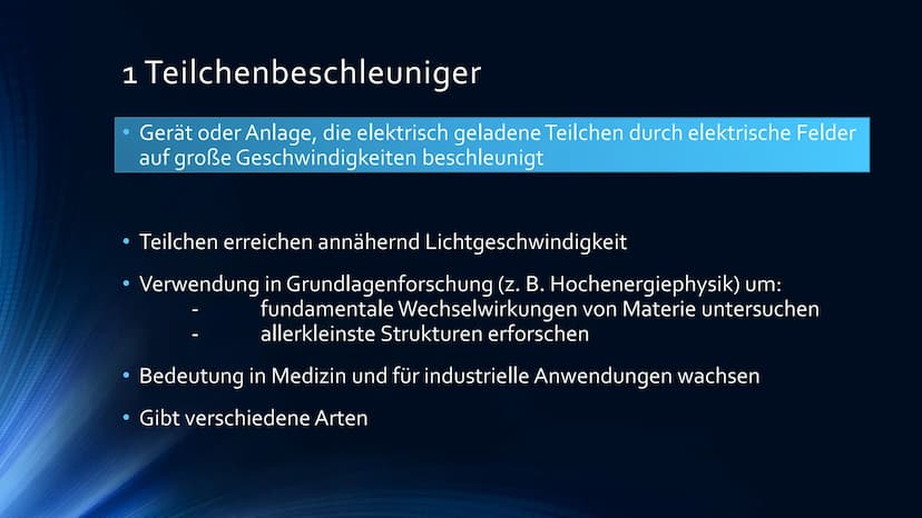 Teilchenbeschleuniger
LINEAR-, SYNCHROTON- UND ZYKLONBESCHLEUNIGER
DANACHAN
HAHAHA
EROLES IN THE INDE
1181111 Gliederung
1 Teilchenbeschleun