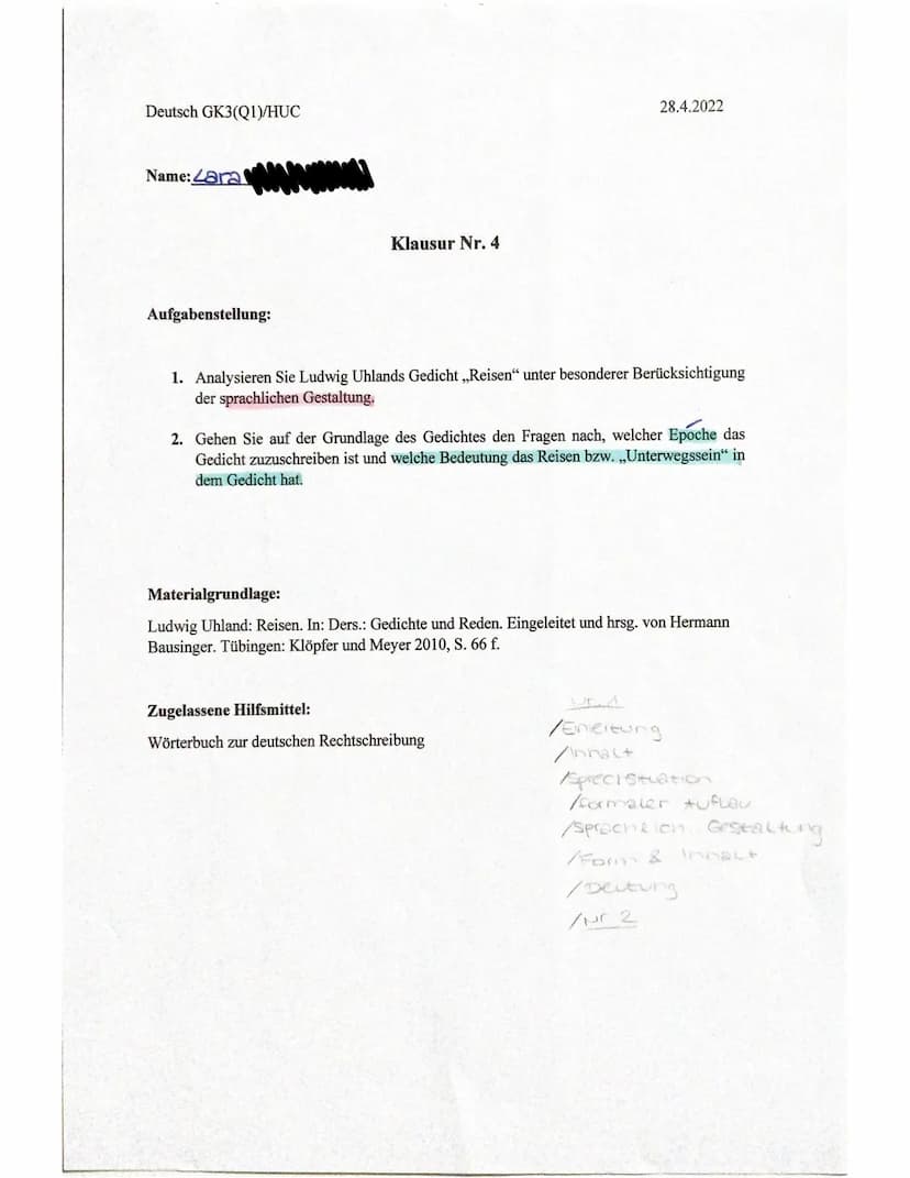 Klausur Nr. 4
Das Gedicht, Reisen" von Ludwig
Uhland aus dem Jahr 1834, thematisiert
Sehnsucht und
die Aufbruchsstimmung des lyrischen
ichs,