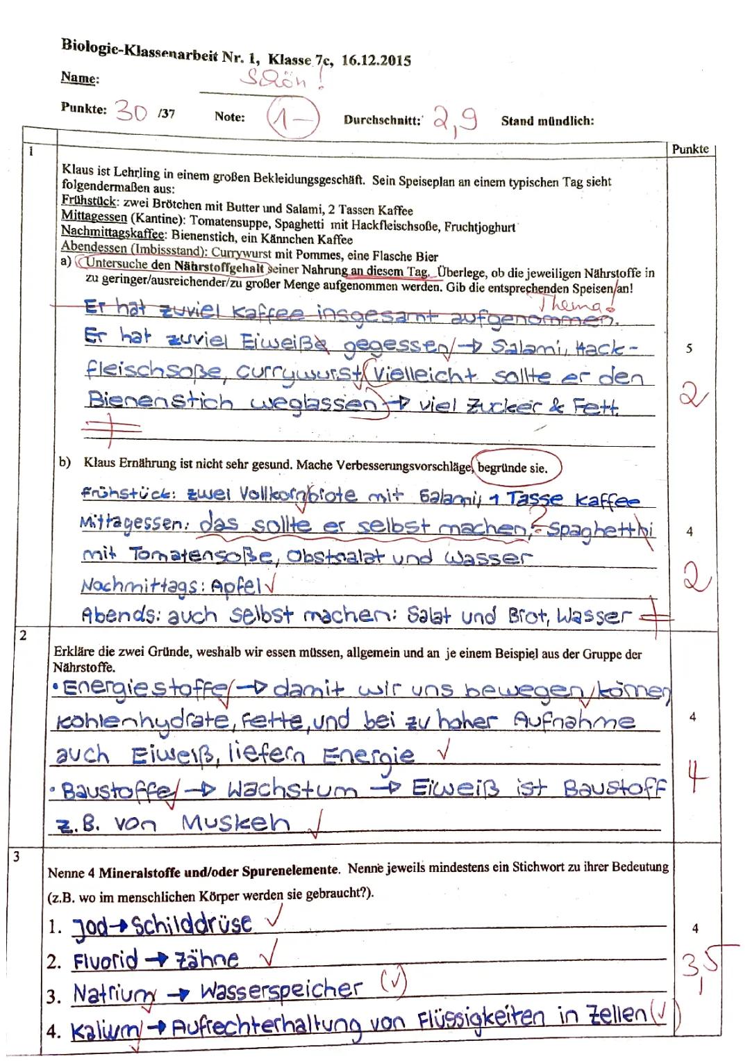 Klassenarbeit Ernährung und Verdauung - Biologie Klasse 7 & 8