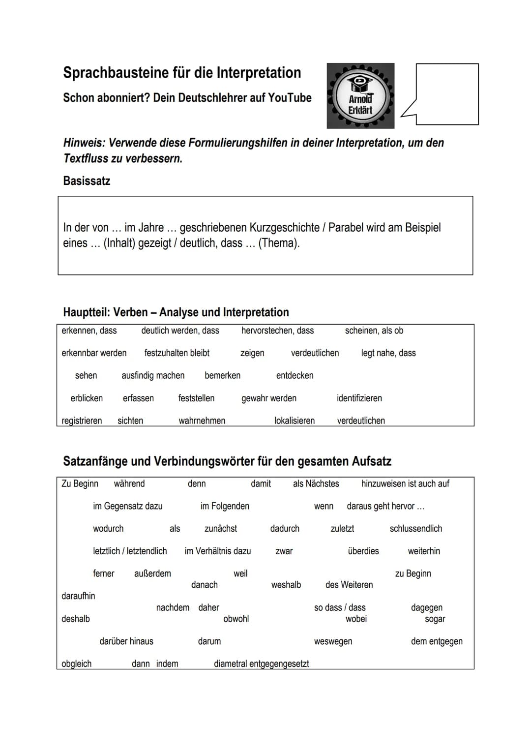 Sprachbausteine für die Interpretation
Schon abonniert? Dein Deutschlehrer auf YouTube
Hinweis: Verwende diese Formulierungshilfen in deiner