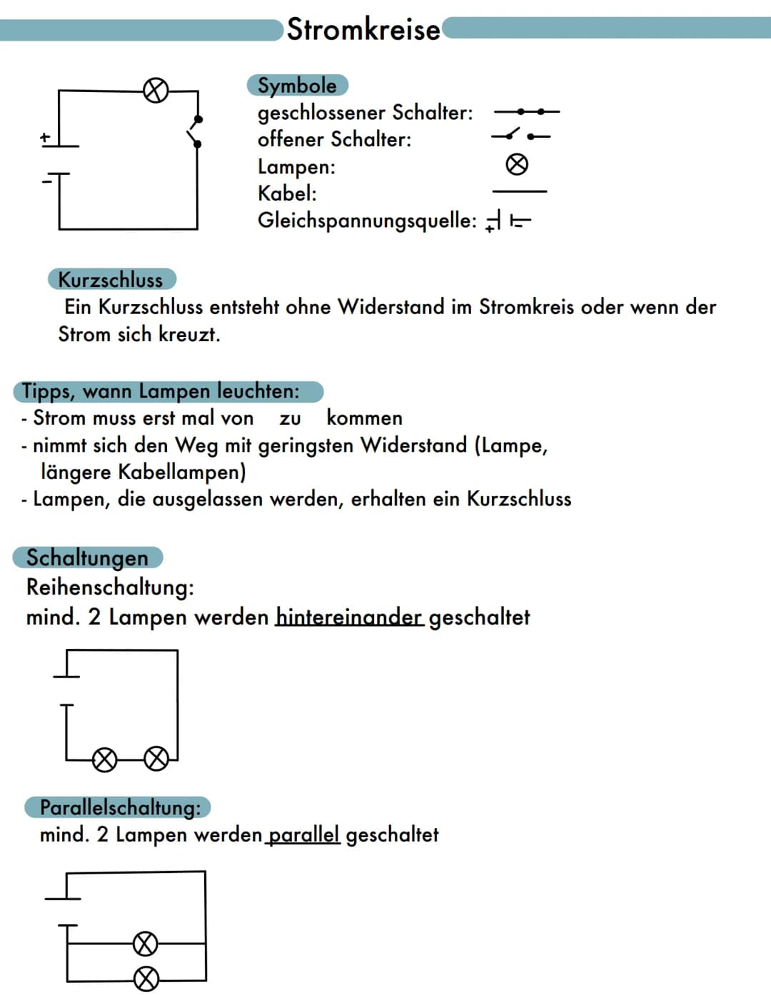 
<h2 id="unverzweigterstromkreisundspannung">Unverzweigter Stromkreis und Spannung</h2>
<p>Die Stromstärke wird durch das Formelzeichen I un