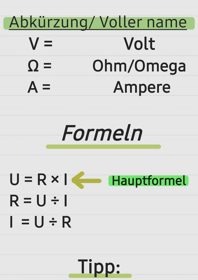 Das Ohmsche Gesetz
U =
R =
| =
URI
Bedeutung Einheit
Spannung
V
Wiederstand
Q Ω
Stromstärke = A
Einheiten Abkürzung/ Voller name
V=
Ω =
A =
