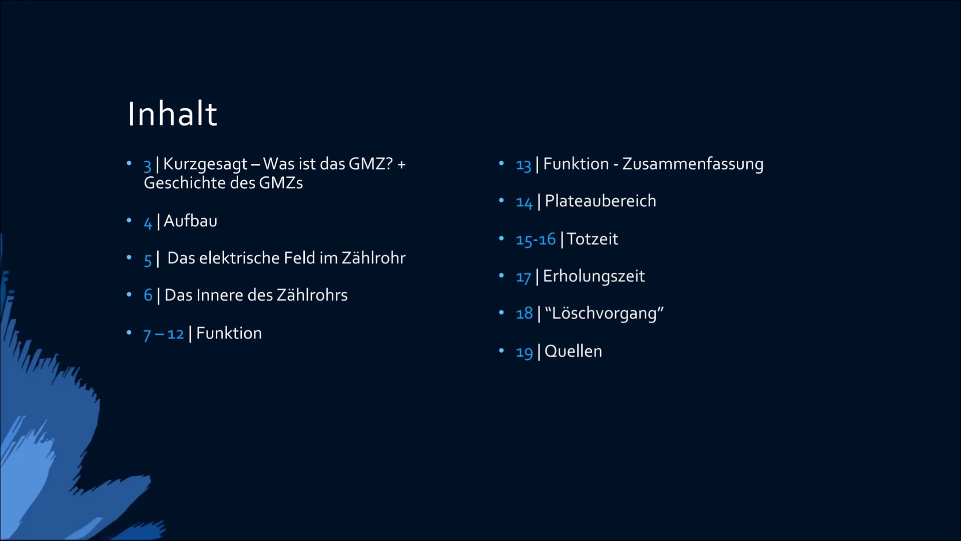 Das Geiger-Müller
Zählrohr
eine Präsentation von CCalliopa Inhalt
3 | Kurzgesagt - Was ist das GMZ? +
Geschichte des GMZs
●
●
●
4 | Aufbau
5