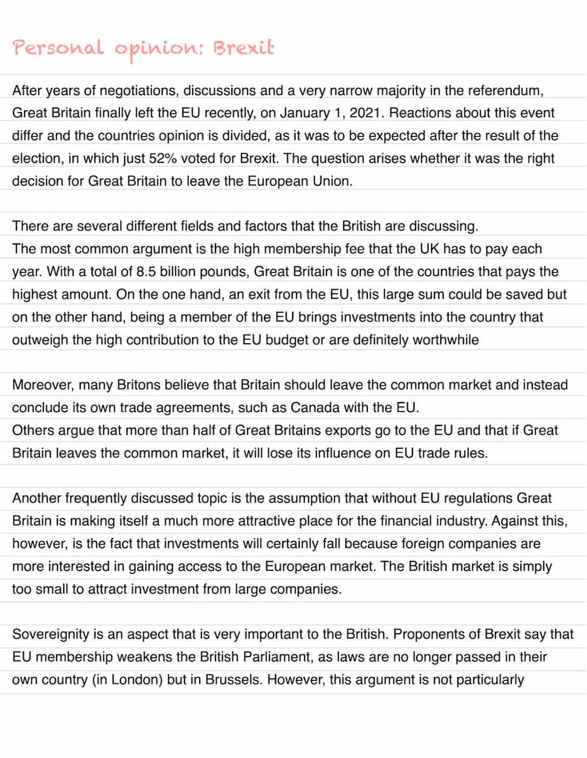 The possible pros and cons of the Brexit from the British perspective
Pros
Membership fees ¹
Leavers argue that leaving the EU would result
