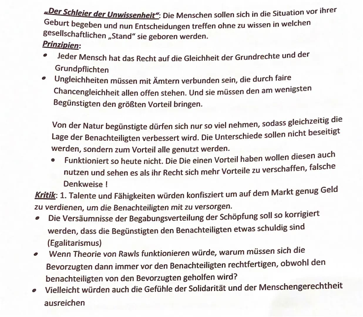 3. John Rawls, Gerechtigkeit als Fairness
Theorie: soziale und wirtschaftliche Ungleichheiten sind nur dann gerecht, wenn sie
zum Vorteil vo