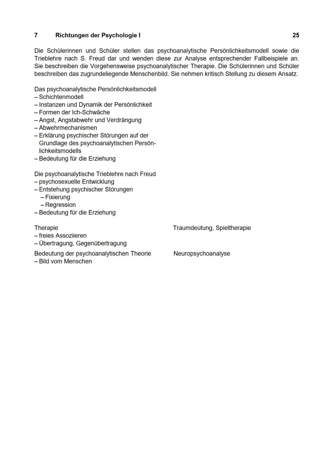 7
Richtungen der Psychologie I
Die Schülerinnen und Schüler stellen das psychoanalytische Persönlichkeitsmodell sowie die
Trieblehre nach S.