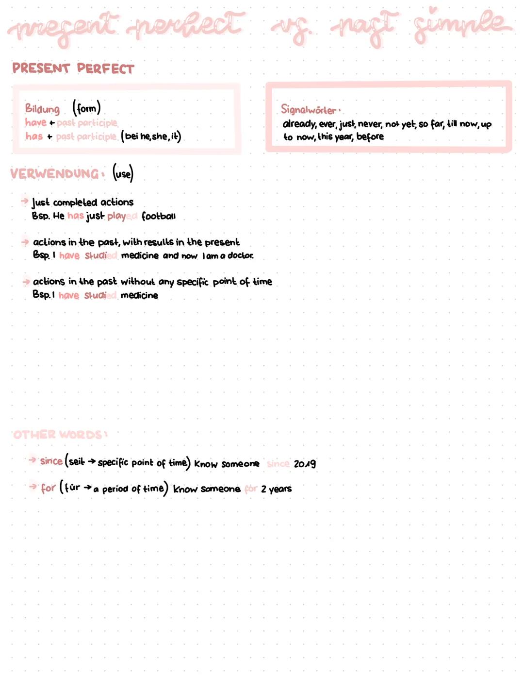 present perfect is past simple
PRESENT PERFECT
Bildung (form)
have + past participle
has + past participle (bei he, she, it)
VERWENDUNG (use