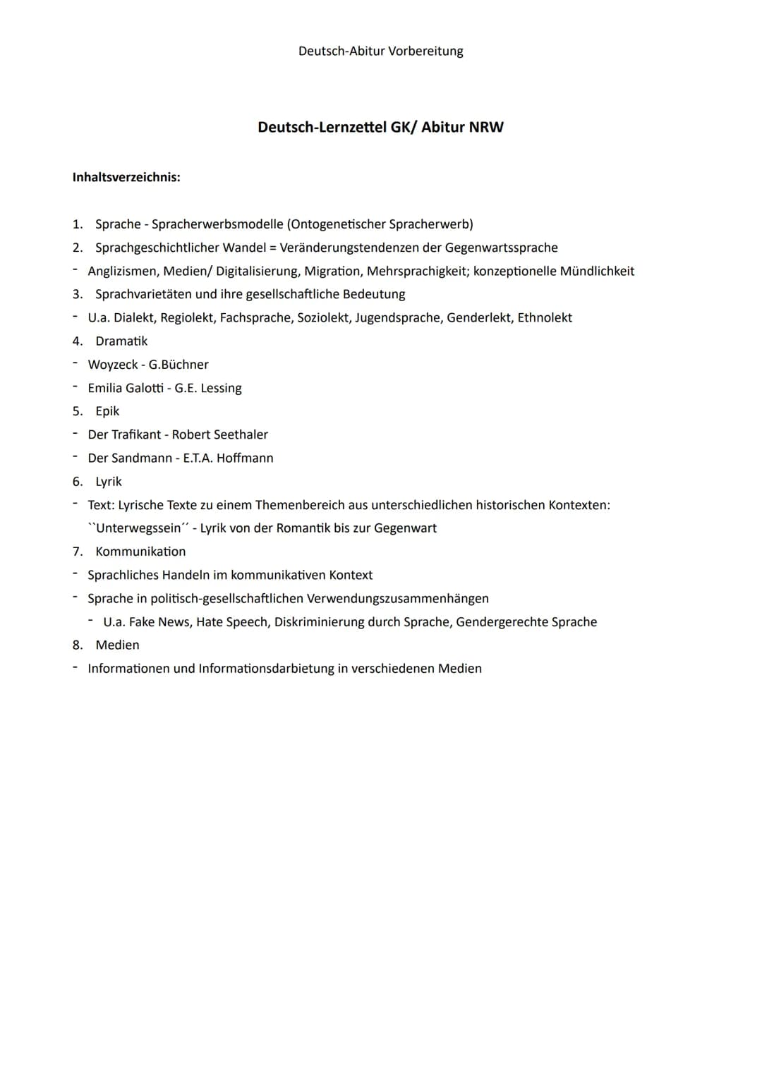 Inhaltsverzeichnis:
Deutsch-Abitur Vorbereitung
Deutsch-Lernzettel GK/ Abitur NRW
1. Sprache Spracherwerbsmodelle (Ontogenetischer Spracherw