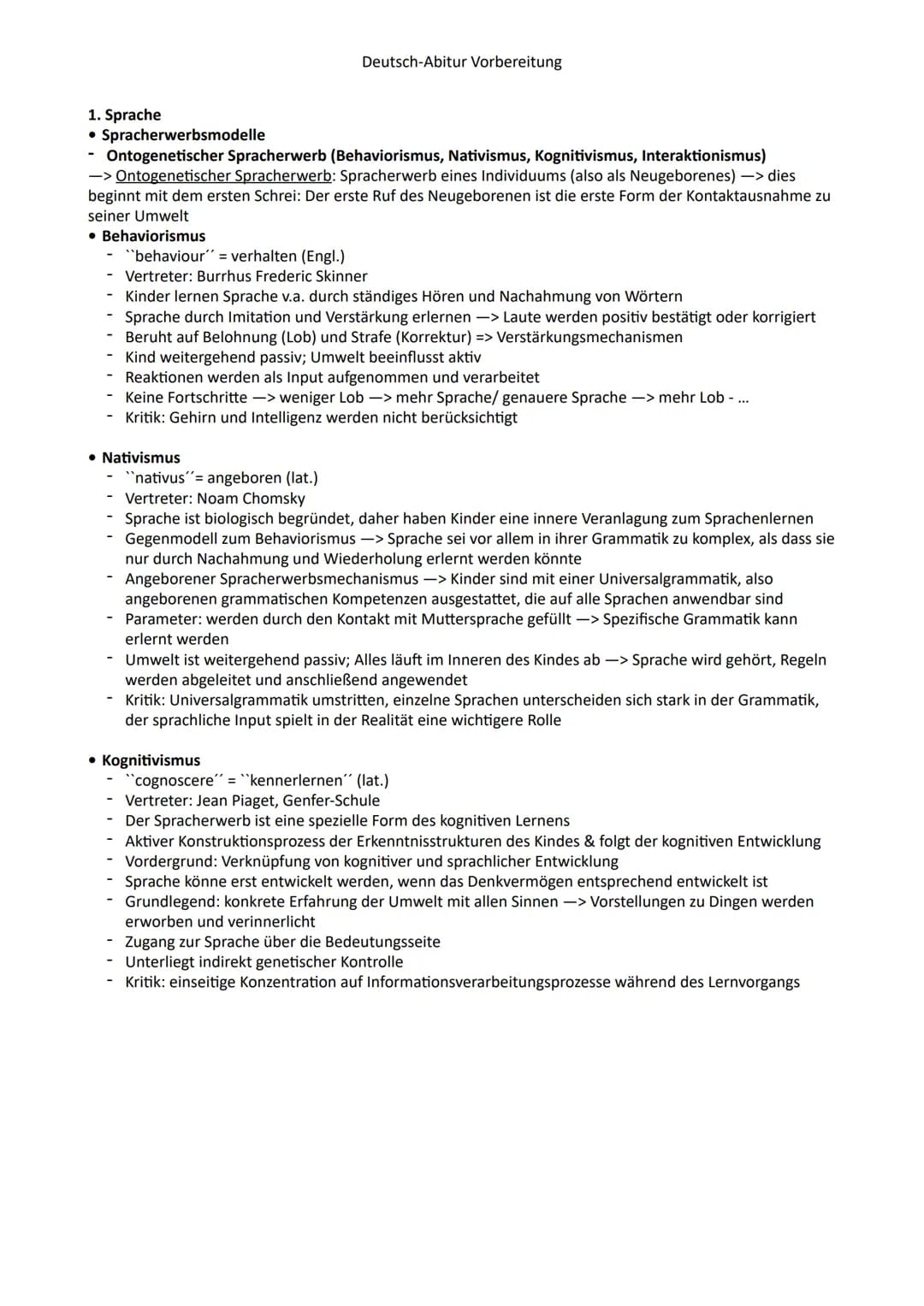 Inhaltsverzeichnis:
Deutsch-Abitur Vorbereitung
Deutsch-Lernzettel GK/ Abitur NRW
1. Sprache Spracherwerbsmodelle (Ontogenetischer Spracherw