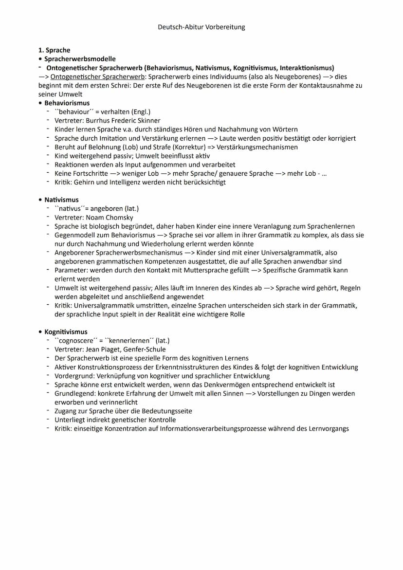 Inhaltsverzeichnis:
Deutsch-Abitur Vorbereitung
Deutsch-Lernzettel GK/ Abitur NRW
1. Sprache Spracherwerbsmodelle (Ontogenetischer Spracherw