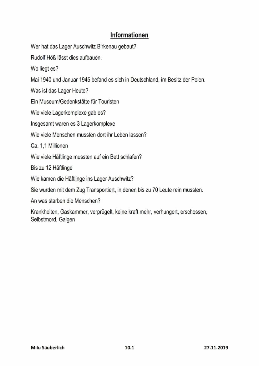 Ehemaliges
Vernichtungslager
Auschwitz-Birkenau
H
FTGAS!
AWA
YKLO
CH
Milu Säuberlich
ARBEIT MACHT FRE
10.1
27.11.2019 Gliederung
1. Einleitu