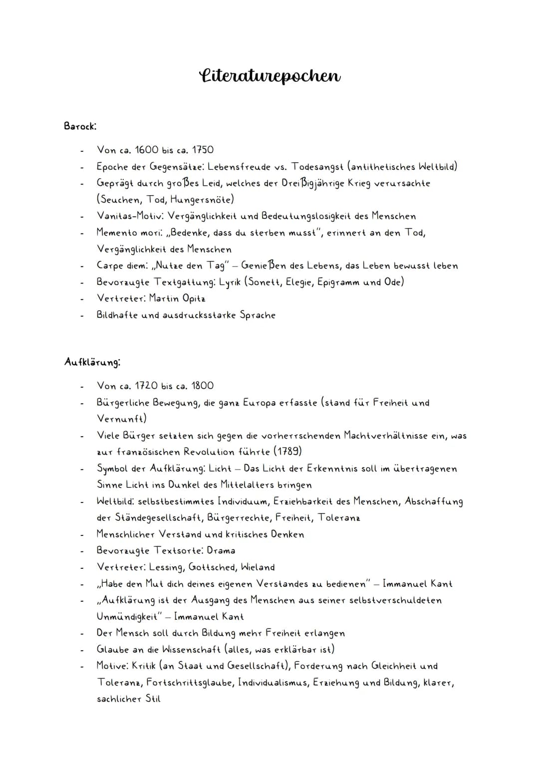 Barock:
-
Aufklärung:
-
Literaturepochen
Von ca. 1600 bis ca. 1750
Epoche der Gegensätze: Lebensfreude vs. Todesangst (antithetisches Weltbi