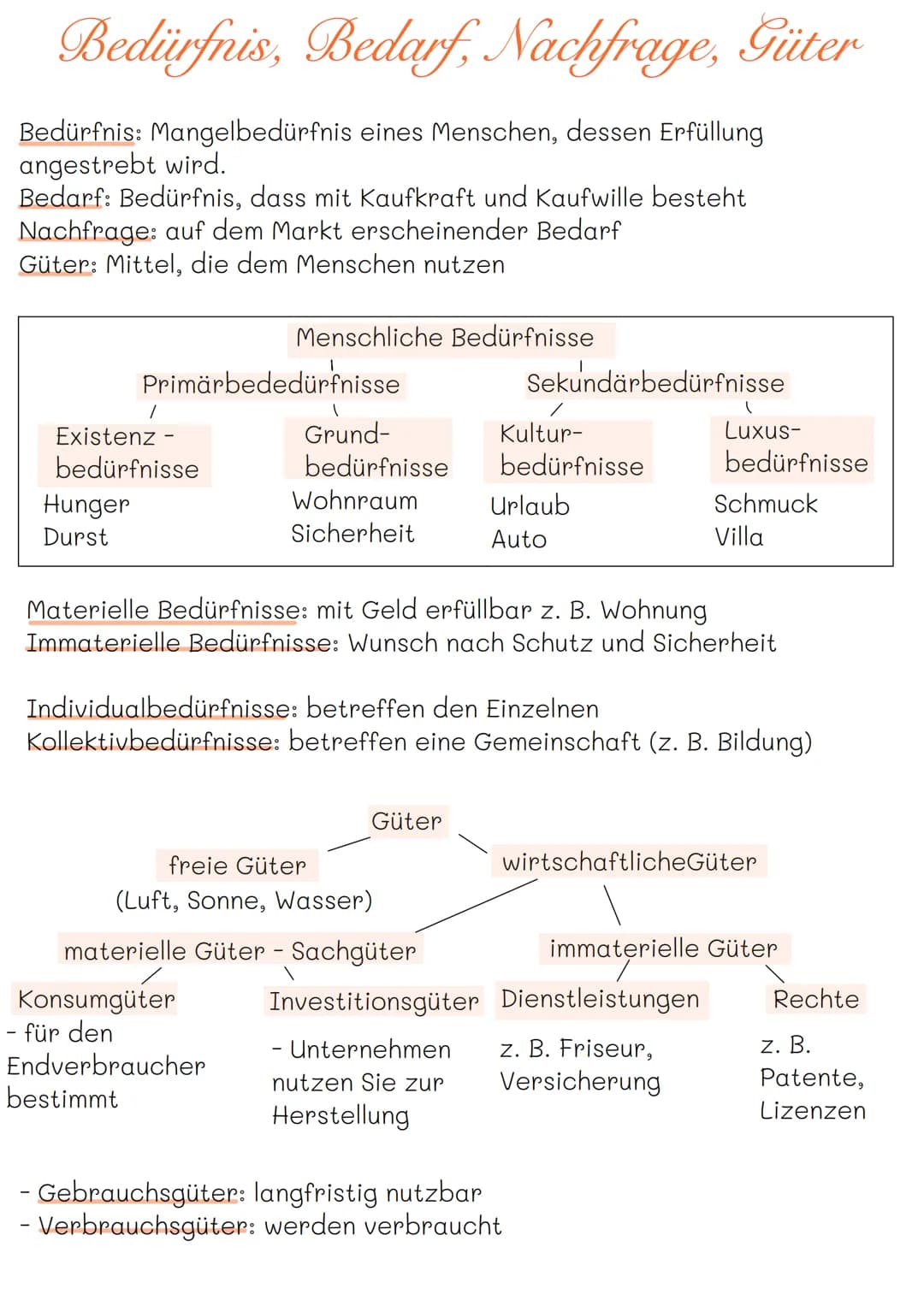 Bedürfnis, Bedarf, Nachfrage, Güter
Bedürfnis: Mangelbedürfnis eines Menschen, dessen Erfüllung
angestrebt wird.
Bedarf: Bedürfnis, dass mit