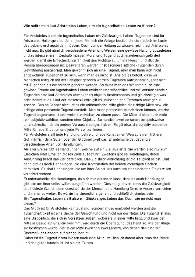 Know Tugendhaftes Leben nach Aristoteles + kritische Stellungnahme  thumbnail