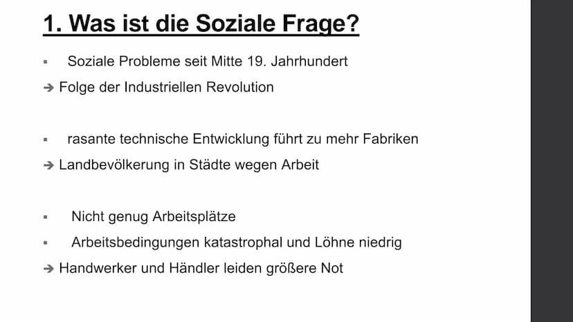 1. Soziale Frage
Mit diesem Begriff werden die sozialen Probleme bezeichnet, die es in
Deutschland seit Mitte des 19. Jahrhunderts als Folge