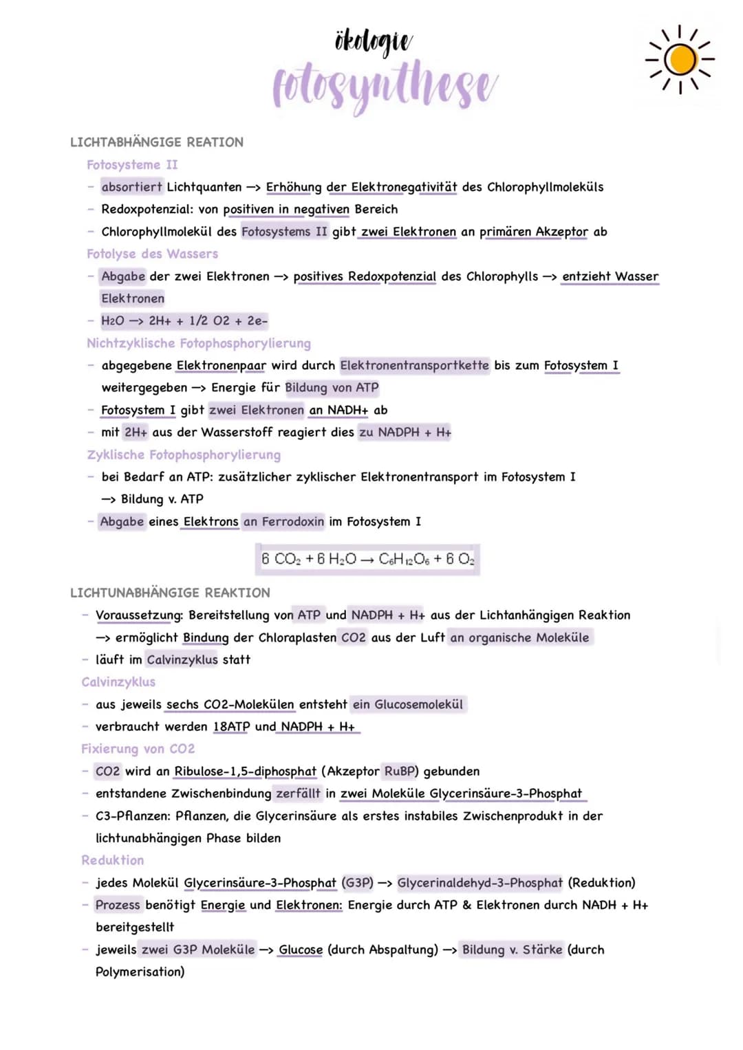 ökologie
fotosynthese
LICHTABHÄNGIGE REATION
Fotosysteme II
absortiert Lichtquanten -> Erhöhung der Elektronegativität des Chlorophyllmolekü