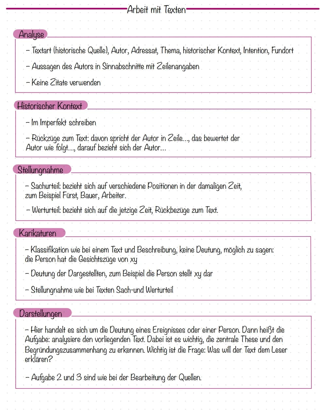 -Arbeit mit Texten
Analyse
- Textart (historische Quelle), Autor, Adressat, Thema, historischer Kontext, Intention, Fundort
- Aussagen des A