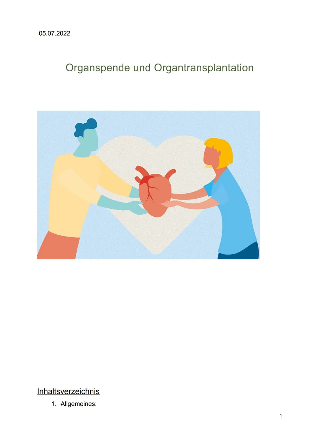 05.07.2022
Organspende und Organtransplantation
Inhaltsverzeichnis
1. Allgemeines:
1 1.1 Die Organspende
1.2 Die Organtransplantation
1.3 Wi