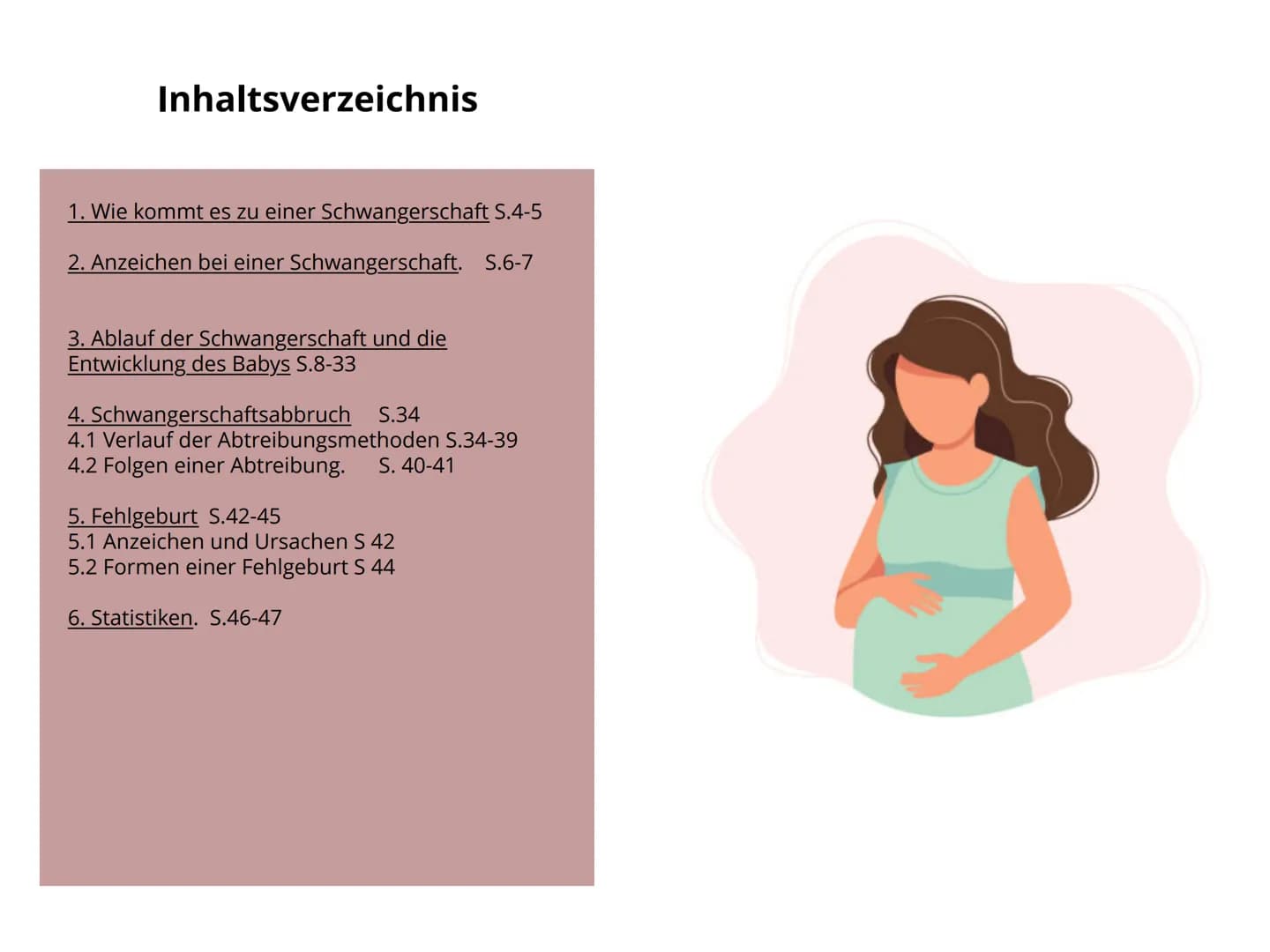 Schwangerschaft Inhaltsverzeichnis
1. Wie kommt es zu einer Schwangerschaft S.4-5
2. Anzeichen bei einer Schwangerschaft. S.6-7
3. Ablauf de