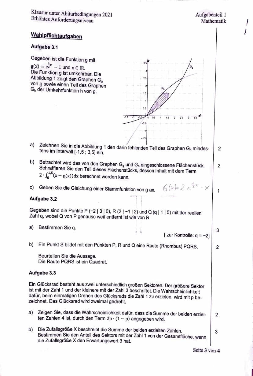 Klausur unter Abiturbedingungen 2021
Erhöhtes Anforderungsniveau
Pflichtaufgaben
Aufgabe 1
Gegeben ist die Funktion g mit g(x) = ln (-x² + 4