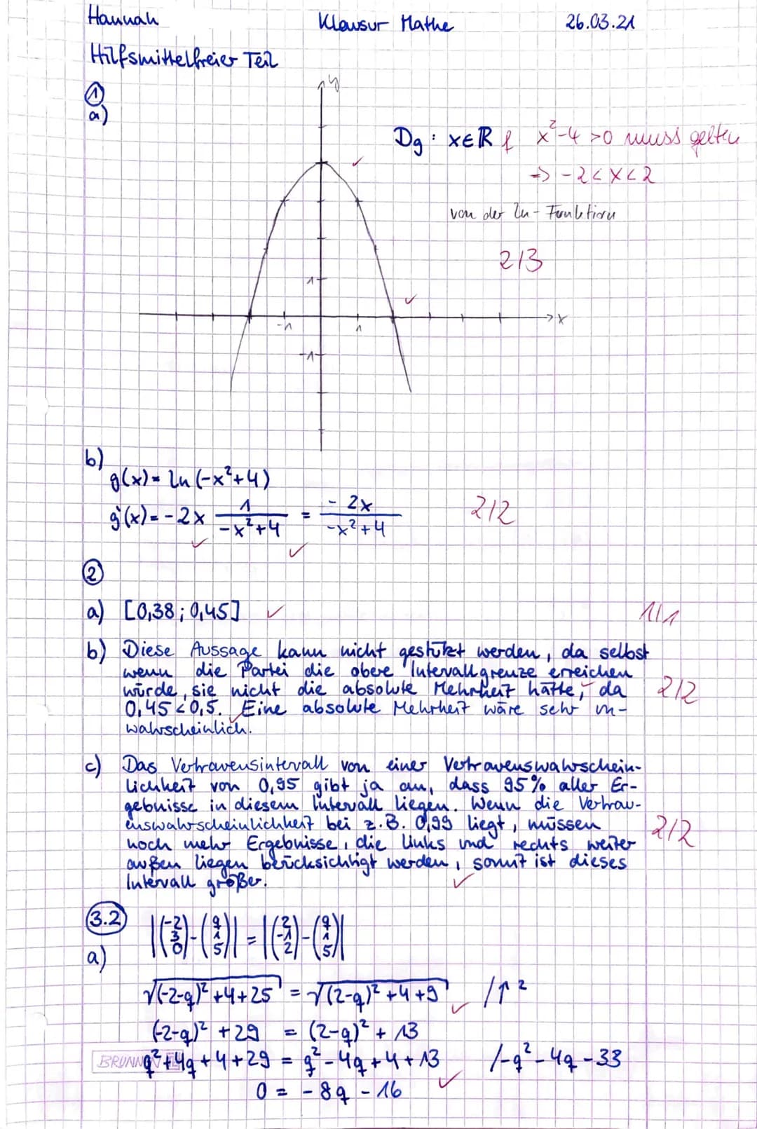 Klausur unter Abiturbedingungen 2021
Erhöhtes Anforderungsniveau
Pflichtaufgaben
Aufgabe 1
Gegeben ist die Funktion g mit g(x) = ln (-x² + 4