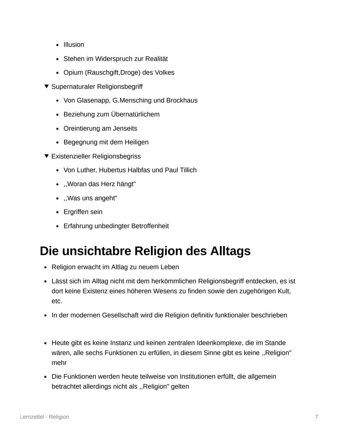 Lernzettel - Religion
Religionsbegriffe
▾ Substanzieller Religionsbegriff
Bestimmt Religion von ihrem Wesen her.
• Es gibt den Bezugsgegenst