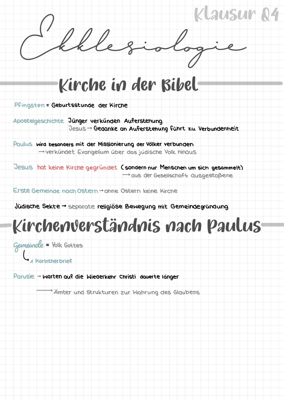 # Klausur 04

# Elllesiologie

# Kirche in der Bibel

Pfingsten = Geburtsstunde der Kirche

Apostelgeschichte Jünger verkünden Auferstehung
