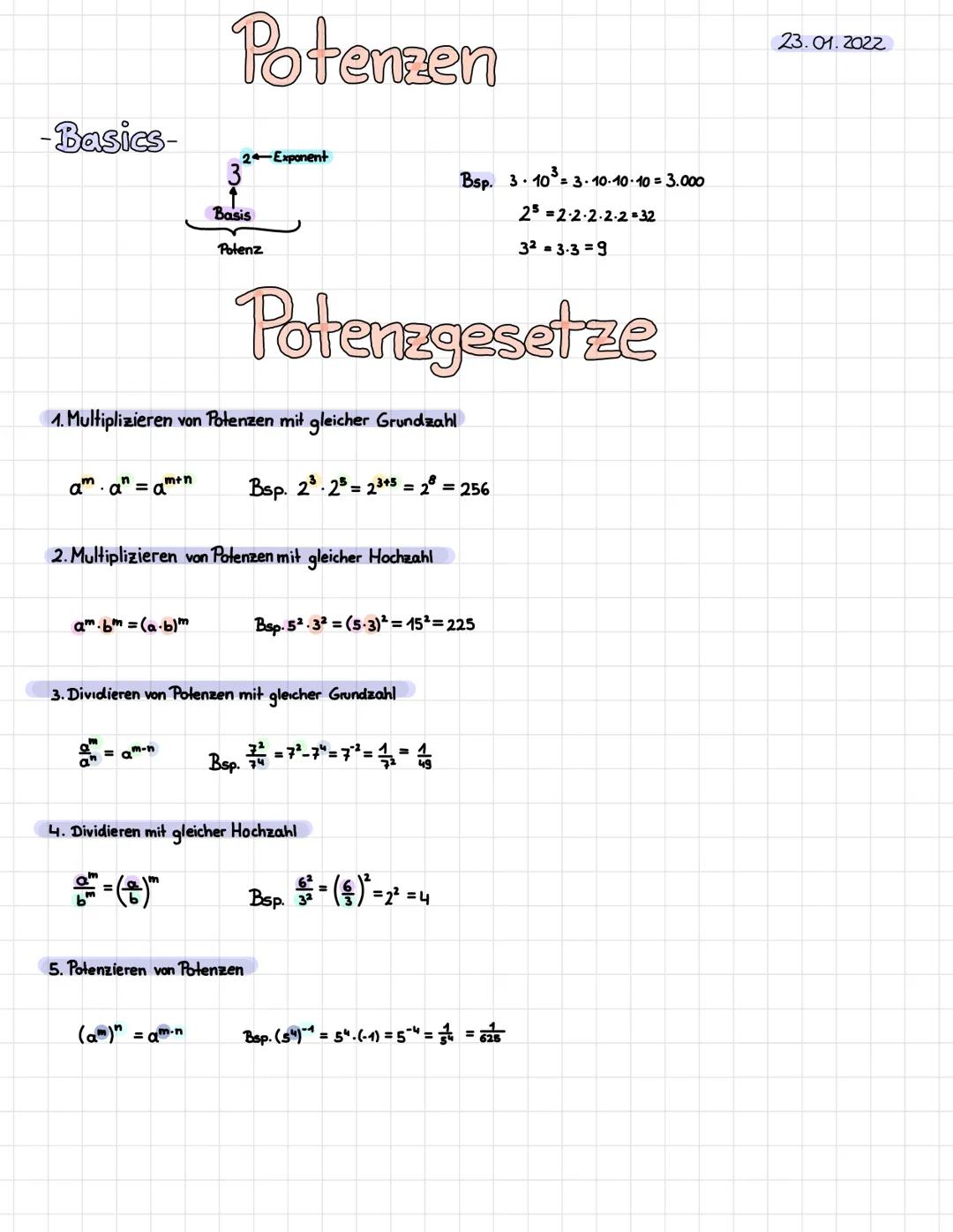 # Potenzen

-Basics-

2←Exponent

3

Basis

Potenz

Bsp. $3 \cdot 10^3 = 3 \cdot 10 \cdot 10 \cdot 10 = 3.000$

$2^5 = 2 \cdot 2 \cdot 2 \cd