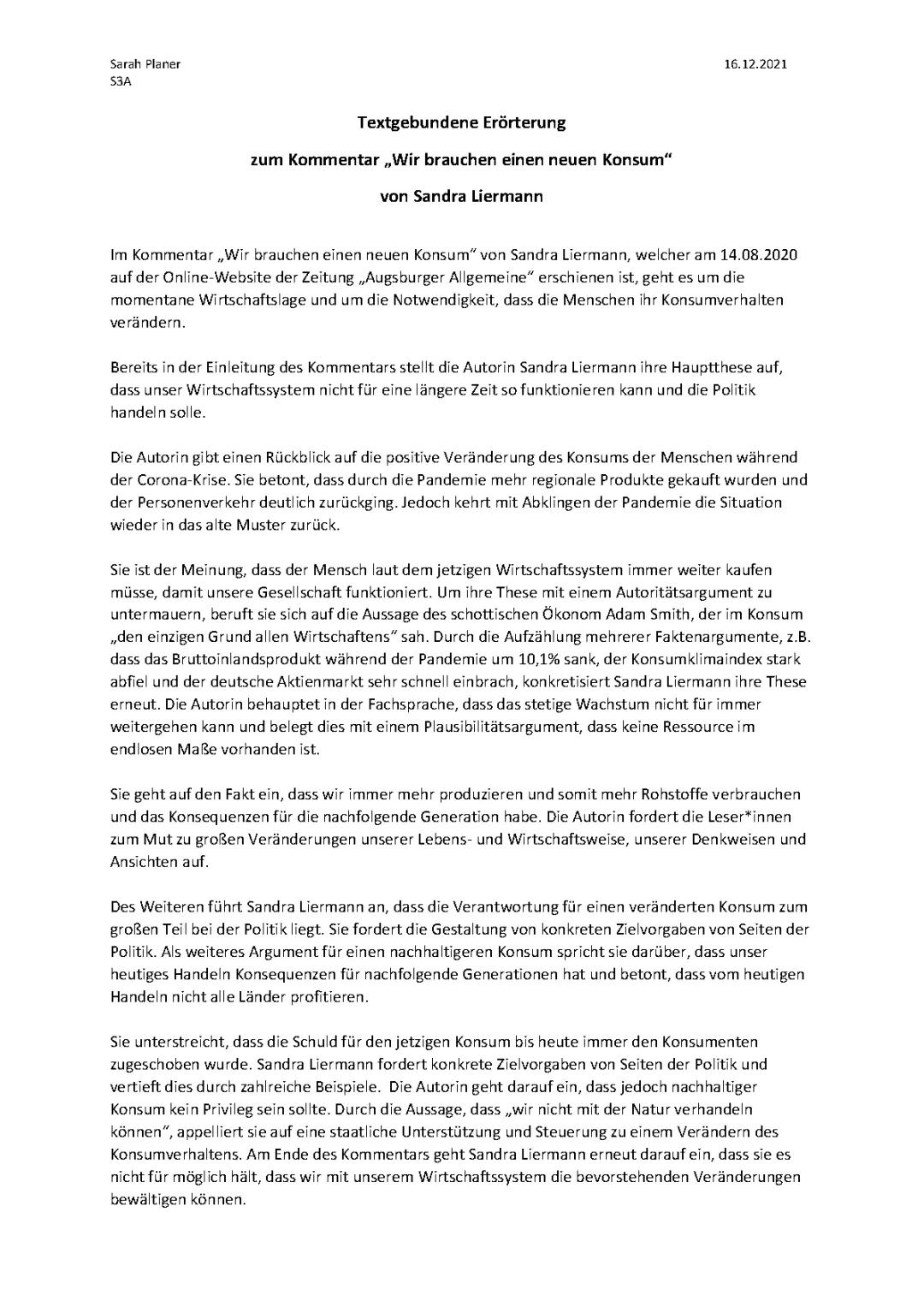 Textgebundene Erörterung: Nachhaltiger Konsum