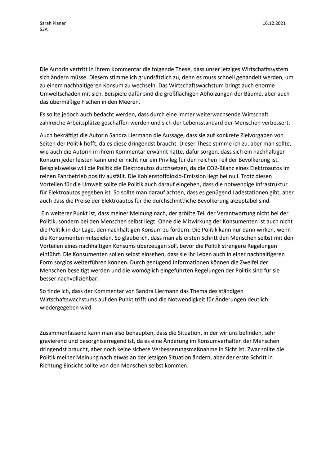 Sarah Planer
S3A
Textgebundene Erörterung
zum Kommentar ,,Wir brauchen einen neuen Konsum"
von Sandra Liermann
16.12.2021
Im Kommentar ,,Wir