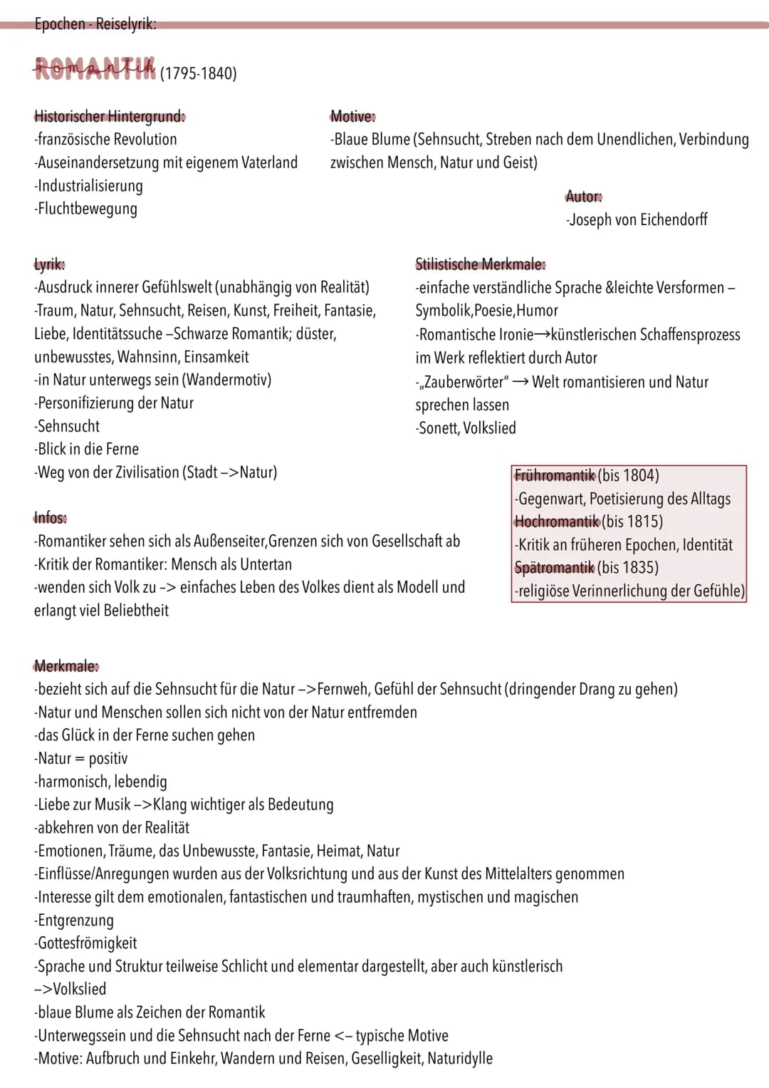 Epochen - Reiselyrik:
ROMANTIK (1795-1840)
Historischer Hintergrund.
-französische Revolution
-Auseinandersetzung mit eigenem Vaterland
-Ind