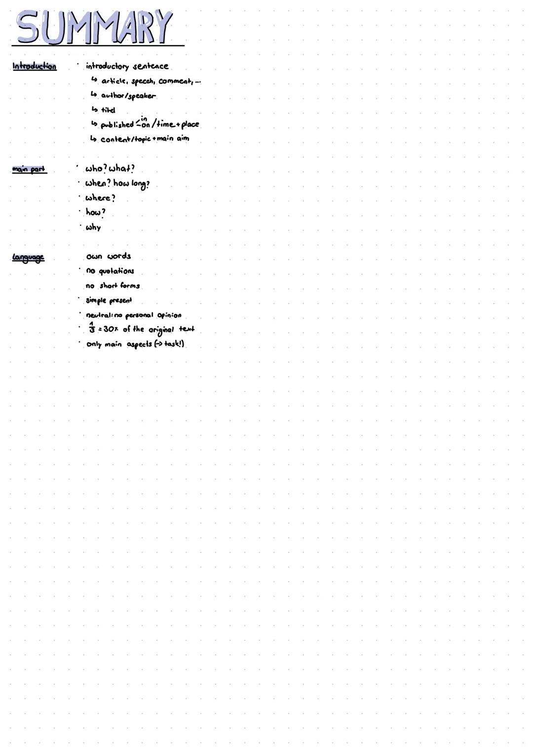 # SUMMARY

Introduction

- introductory sentence
- article, speech, comment,...
- ↳ author/speaker
- Is titel
- Is published-on/time+ place
