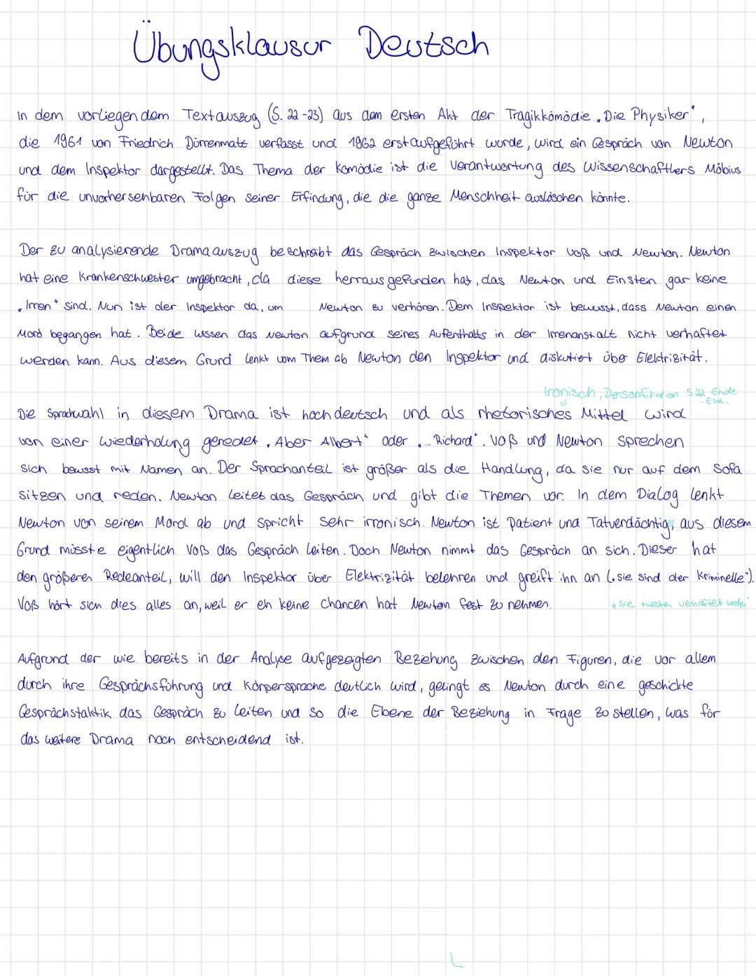 Ubungsklausur Deutsch
In dem vorliegen dem Textauszug (S. 22-23) aus dem ersten Akt der Tragikkömödie. Die Physiker",
die 1961 von Friedrich