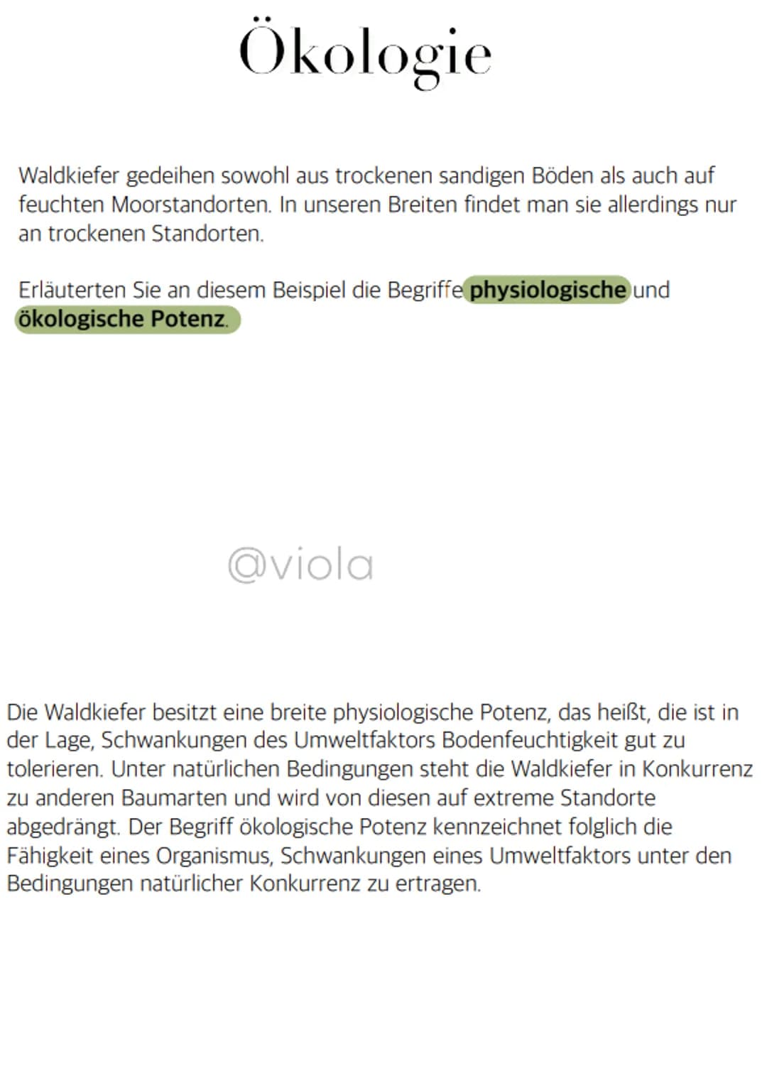 Ökologie
Definiere folgende Begriffe:
Biotop
Biozönose
Ökosystem
Ökosphäre
@viola
Biotop: Lebensraum für die Organismen eines Ökosystems
Bio