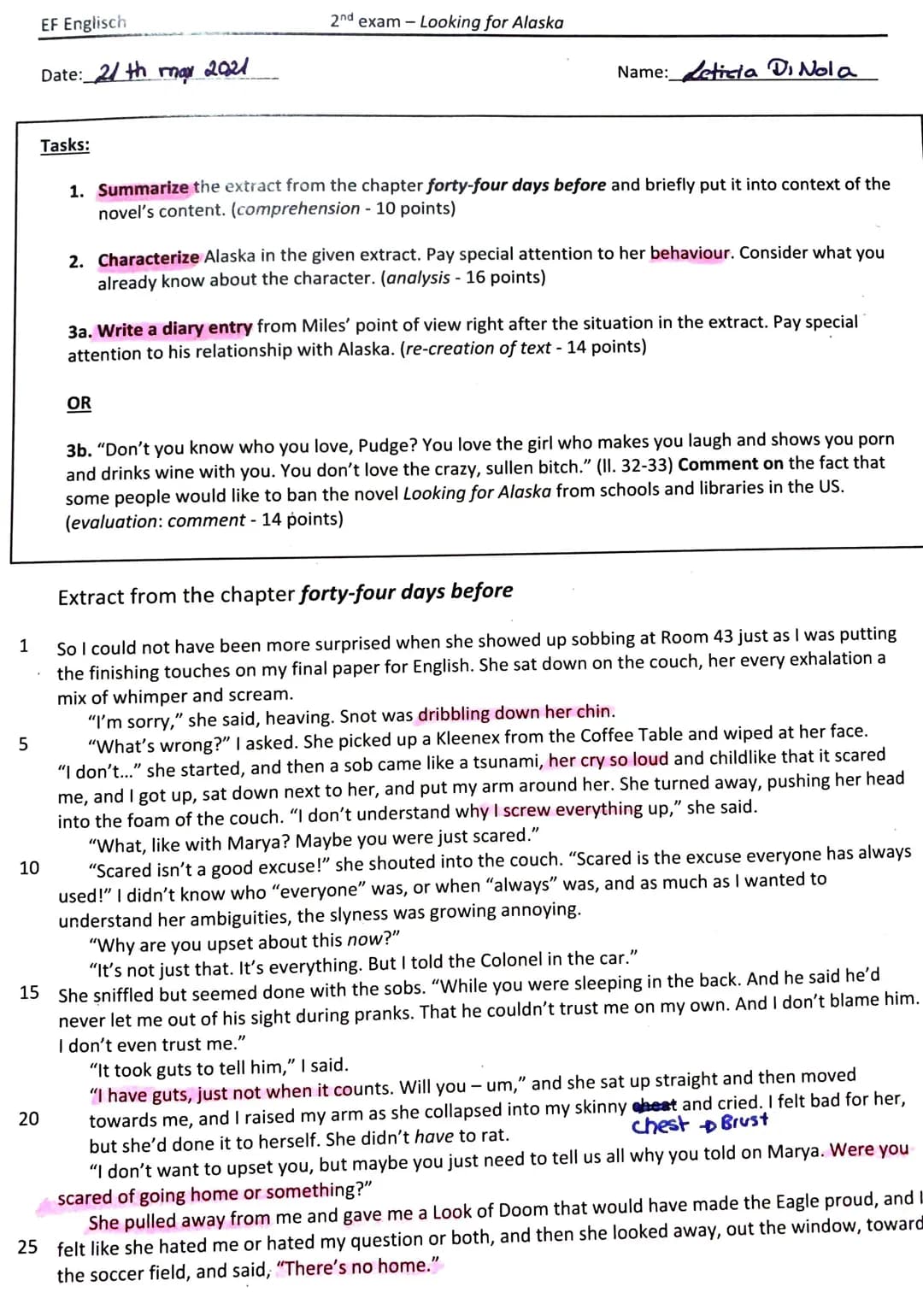 5
EF Englisch
Date: 2/th mar 2021
Tasks:
1. Summarize the extract from the chapter forty-four days before and briefly put it into context of