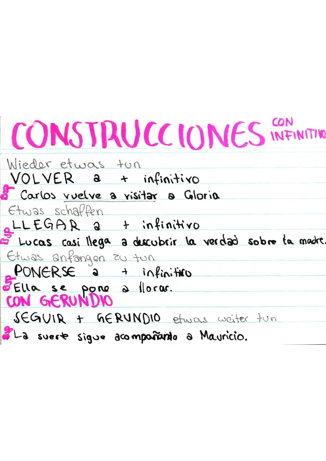 CONSTRUCCIONES
Wieder etwas tun
a +
VOLVER
infinitivo
3 Carlos vuelve a visitar a Gloria
Etwas schaffen
LLEGAR 2
+ infinitivo
Lucas casi lle