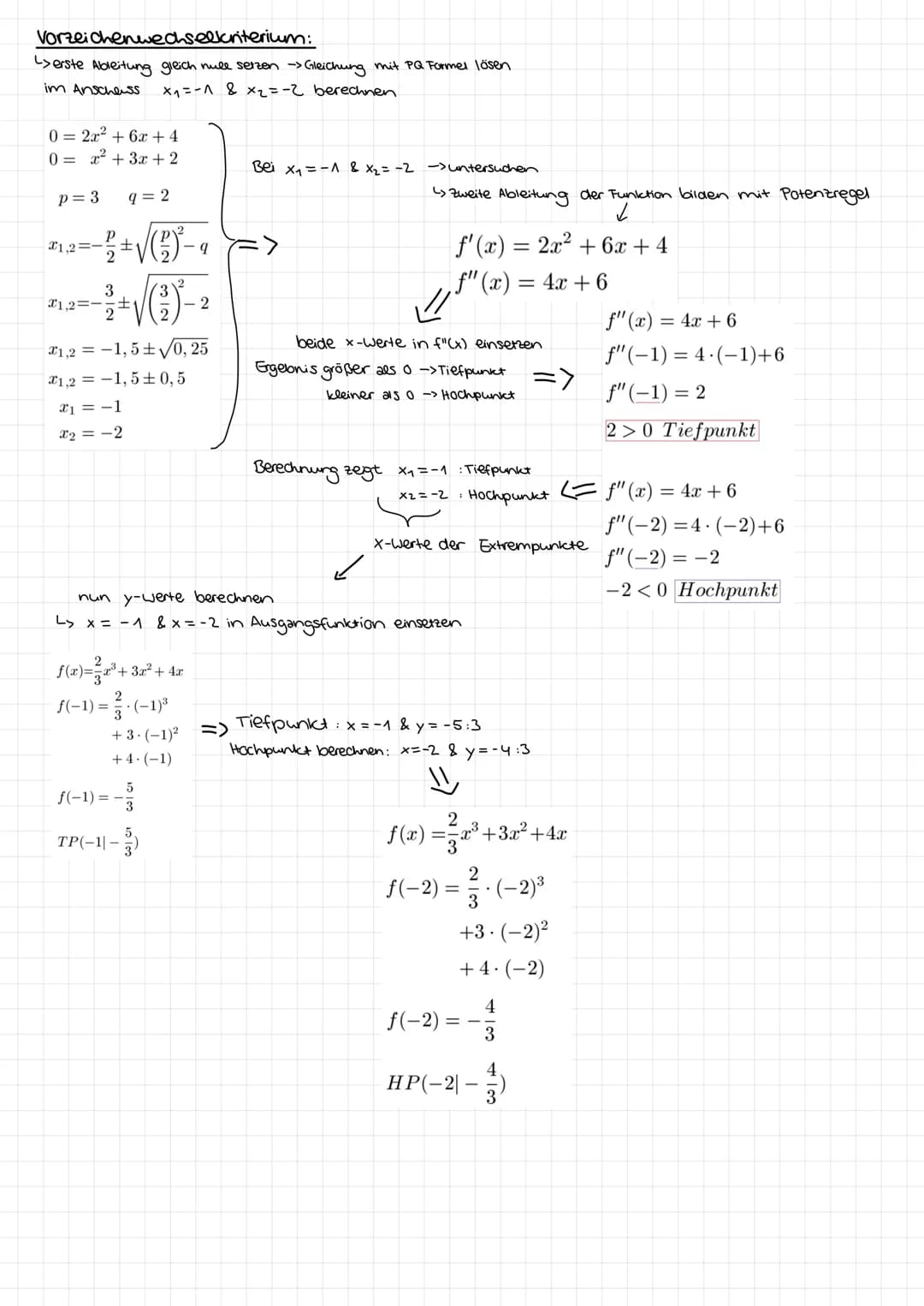 (lokale) Extremstelle bestimmen
notw. Bed.: f'(x)=0
hin. Bed.
: f'(x) = 0 und VZW.
Xo als mögliche Extremstelle
TP: f'(xoth) <0
f'(xoth) >0
