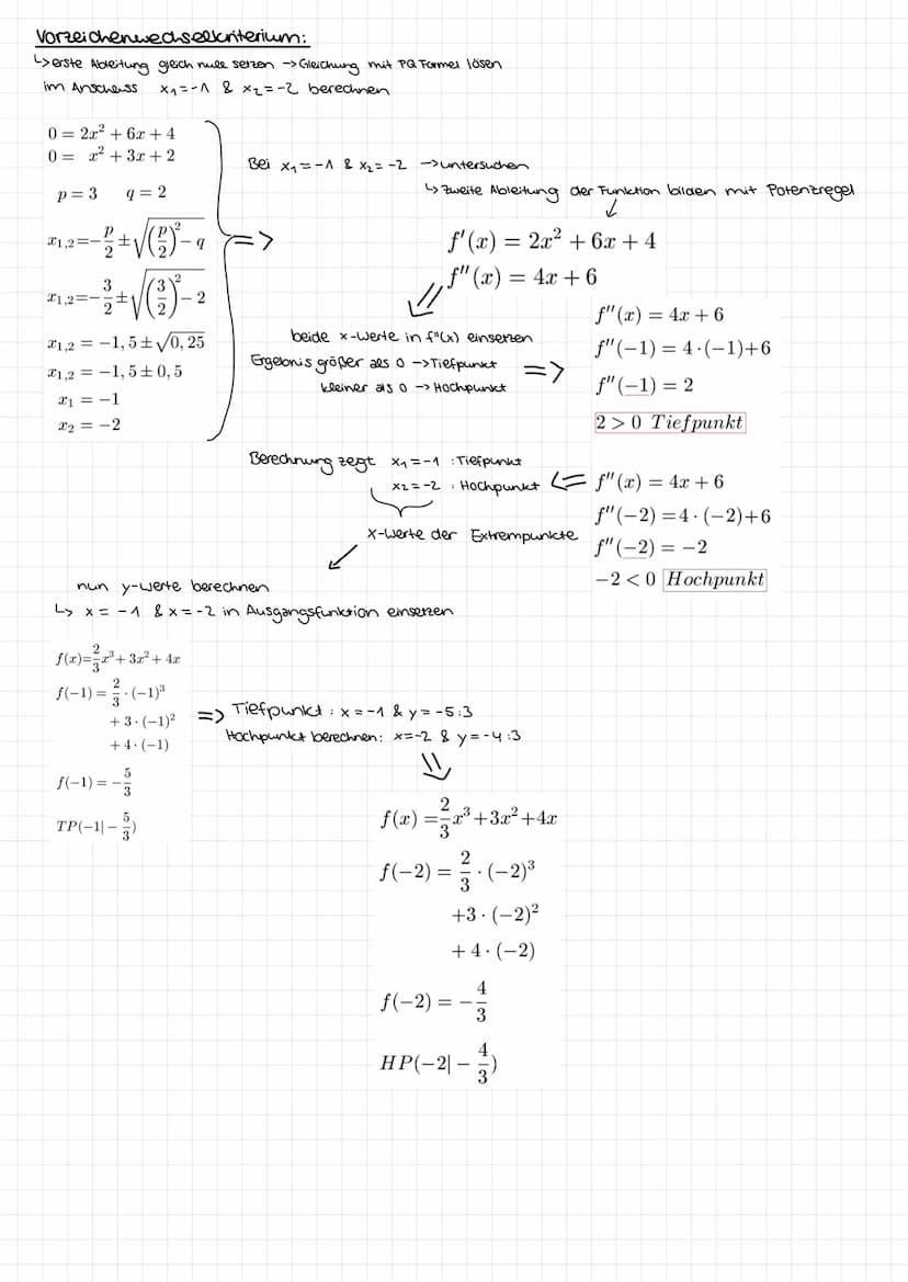 (lokale) Extremstelle bestimmen
notw. Bed.: f'(x)=0
hin. Bed.
: f'(x) = 0 und VZW.
Xo als mögliche Extremstelle
TP: f'(xoth) <0
f'(xoth) >0

