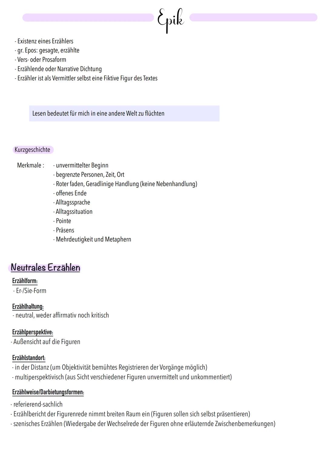 - Existenz eines Erzählers
- gr. Epos: gesagte, erzählte
- Vers- oder Prosaform
- Erzählende oder Narrative Dichtung
- Erzähler ist als Verm