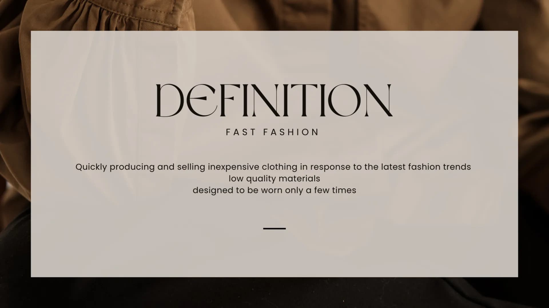 FAST FASHION
BY: MILENA, MELISSA UND NICOLE OUTLINE
DEFINITION
FAMOUS BRANDS
PROBLEMS
SOLUTION
CONCLUSION
YOUR OPINION
01
02
03
04
05
06
PRO