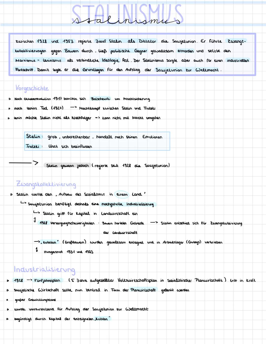# STALINISMUS

Zwischen 1928 und 1953 regierte Josef Stalin als Diktator die Sowjetunion. Er führte Zwangs-
kollektivierungen gegen Bavern d