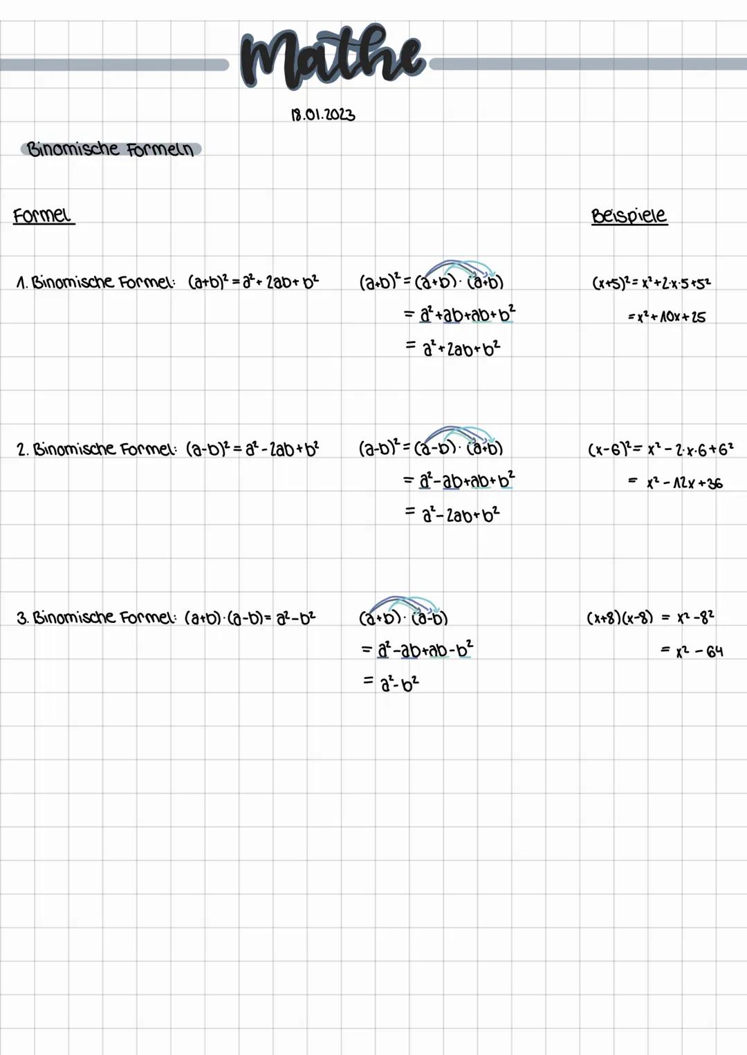 Binomische Formeln
Formel
Mathe
18.01.2023
1. Binomische Formel: (a+b)² = a² + ²ab + b²
2. Binomische Formel: (a-b)² = 2²-2ab + b²
3. Binomi